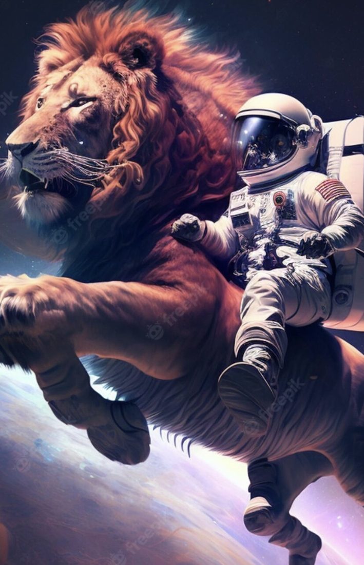 Astronaut riding lion